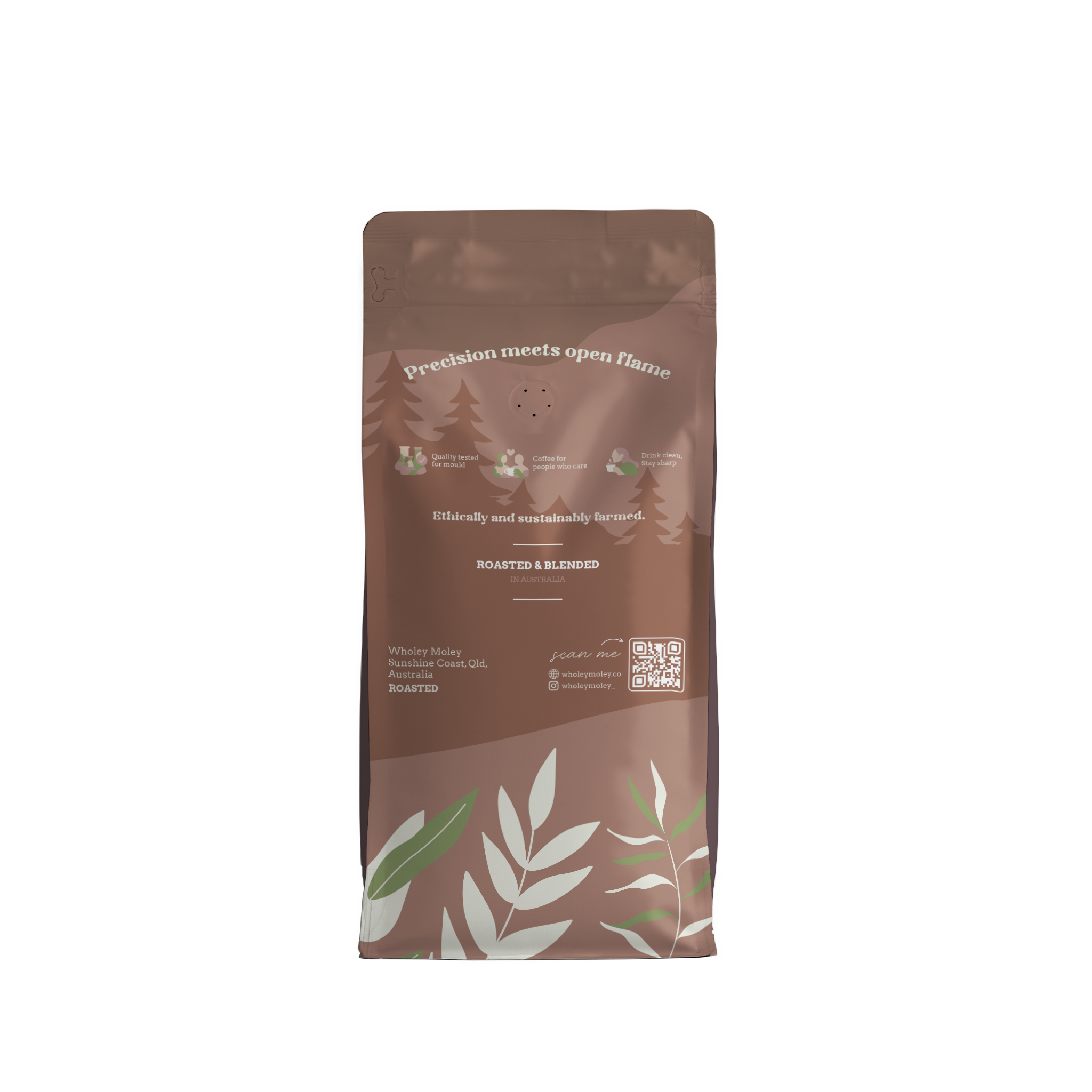 Wholey Moley coffee bag back with leaf design on a white background