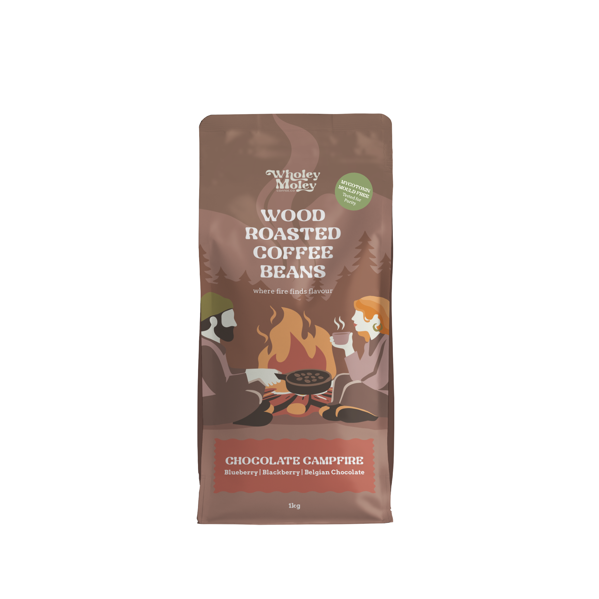 A 1kg bag of Wholey Moley Wood Roasted Coffee Beans, specifically Chocolate Campfire. The packaging is brown with an illustration of two people sitting by a campfire and white text.
