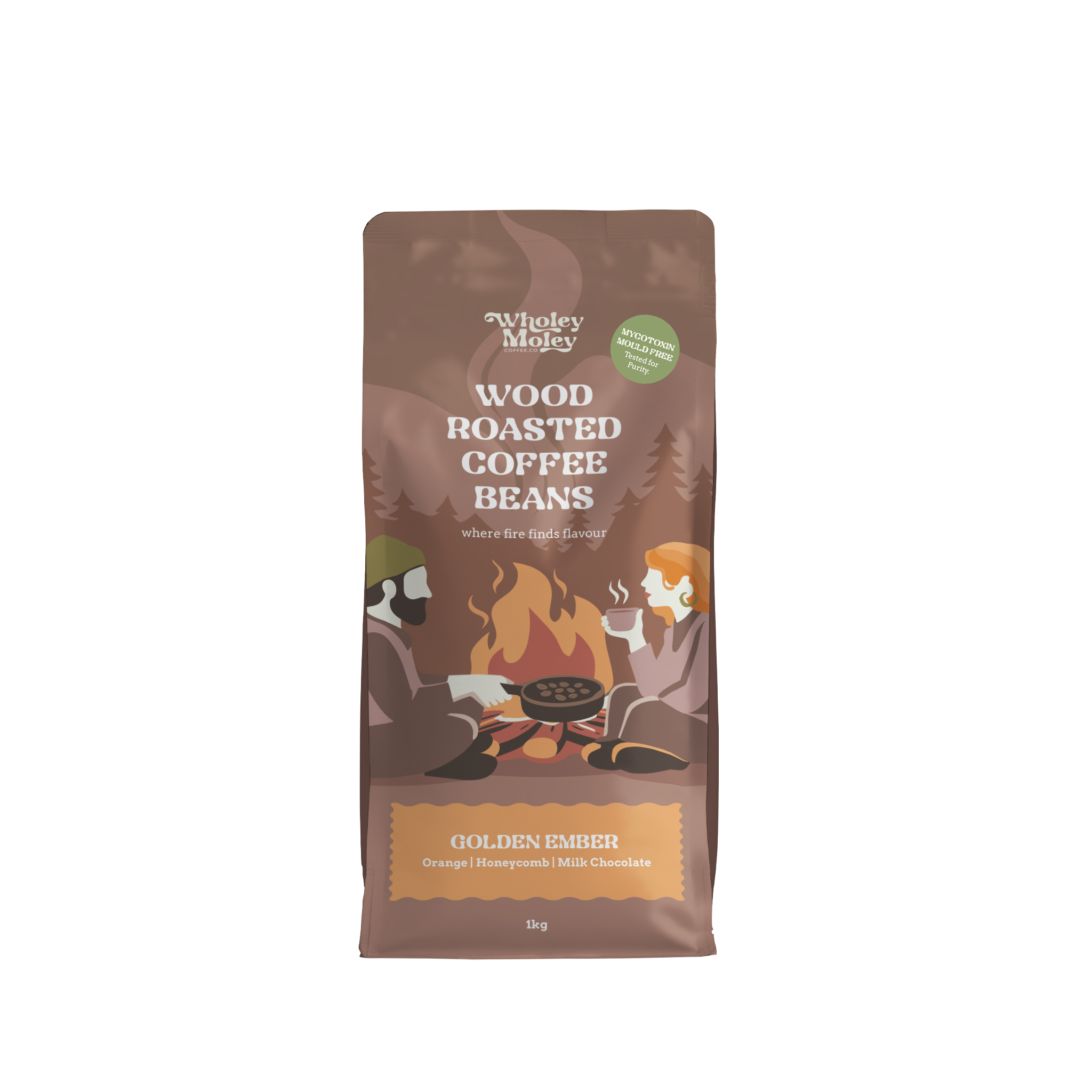 A 1kg bag of Wholey Moley Wood Roasted Coffee Beans, Golden Ember flavor, shown on a plain white background.