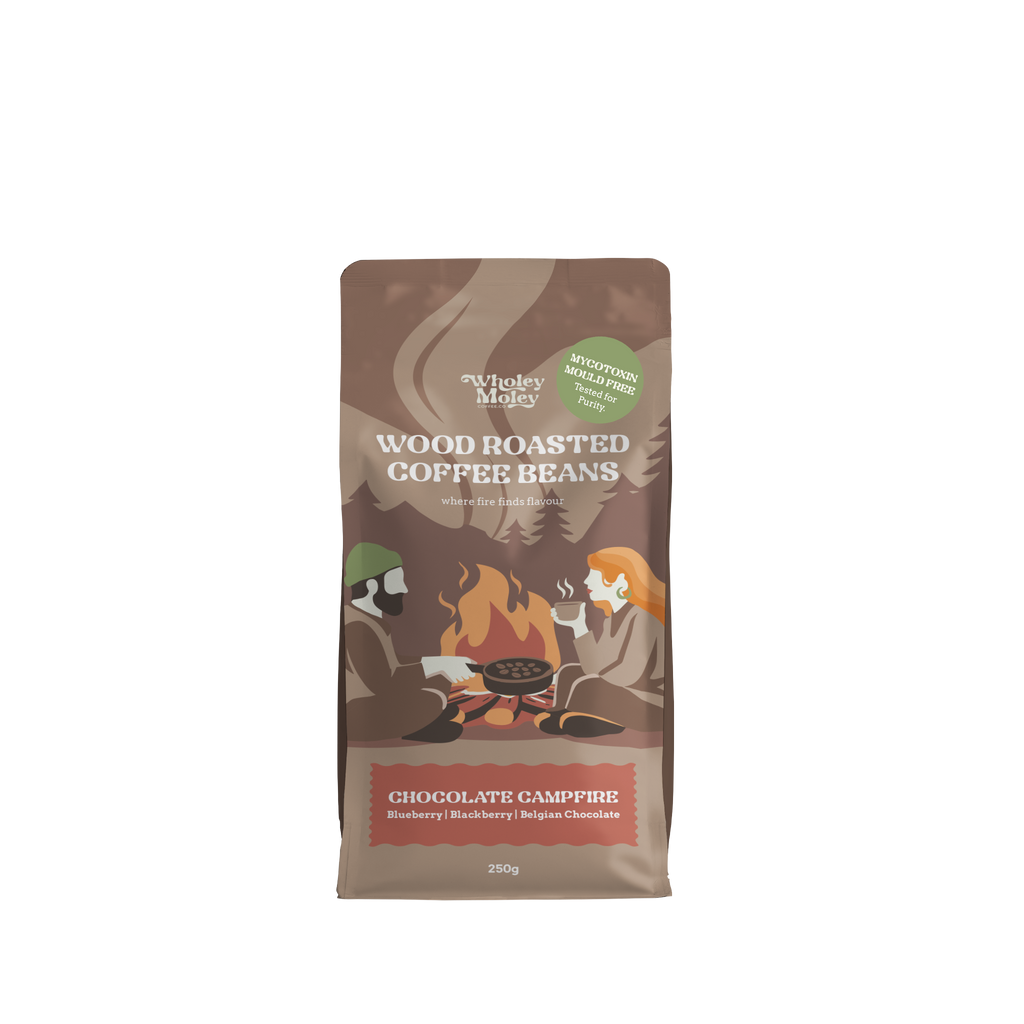 A 250g bag of Wholey Moley Wood Roasted Coffee Beans, Chocolate Campfire flavor, shown on a plain white background.