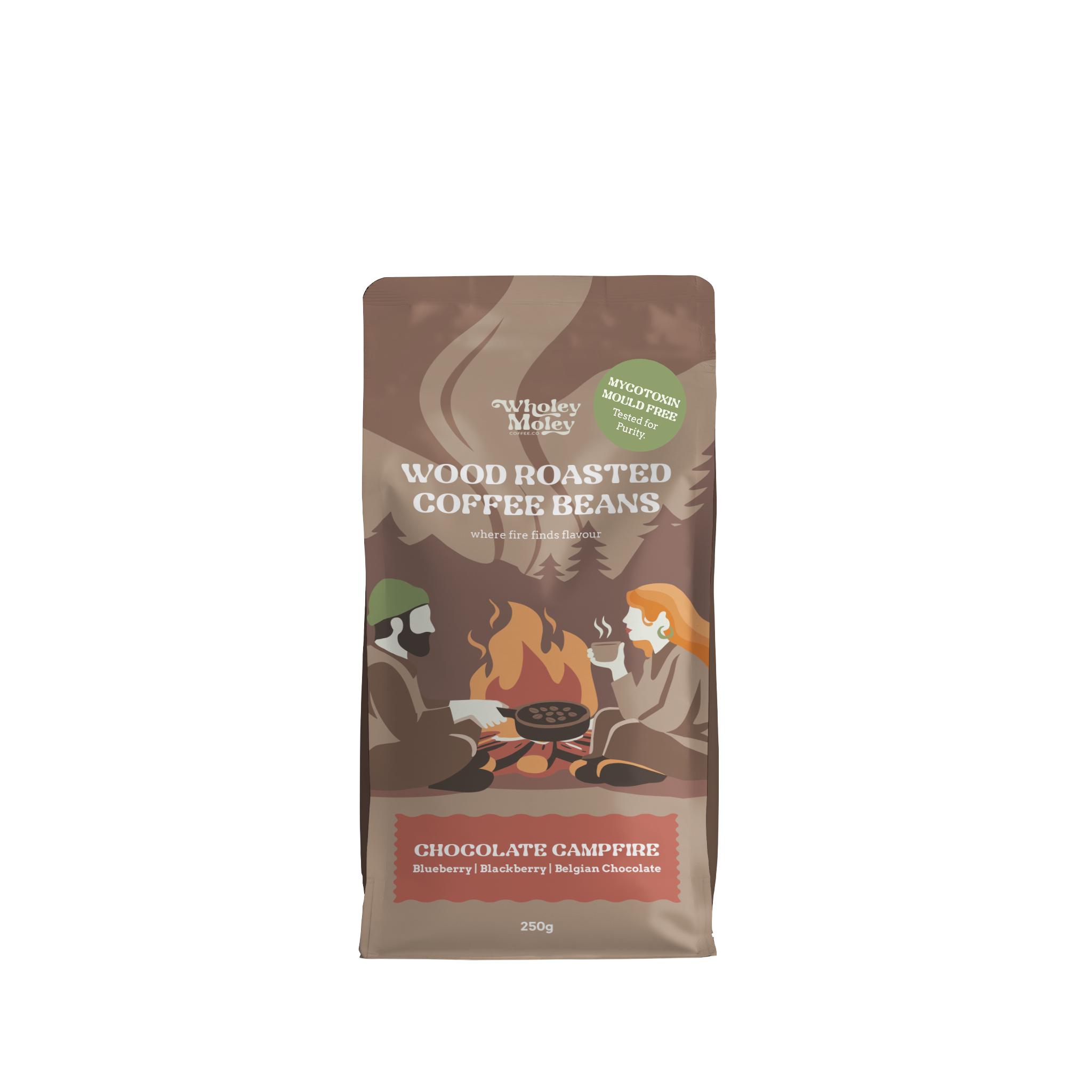 A 250g bag of Wholey Moley Wood Roasted Coffee Beans, Chocolate Campfire flavor, shown on a plain white background.