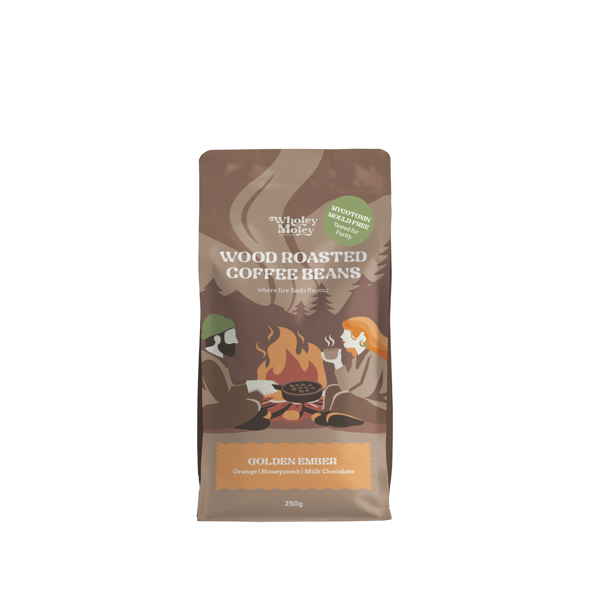 A 250g bag of Wholey Moley Wood Roasted Coffee Beans in the Golden Ember flavor, featuring a brown packaging design with an illustration of two people camping by a fire.