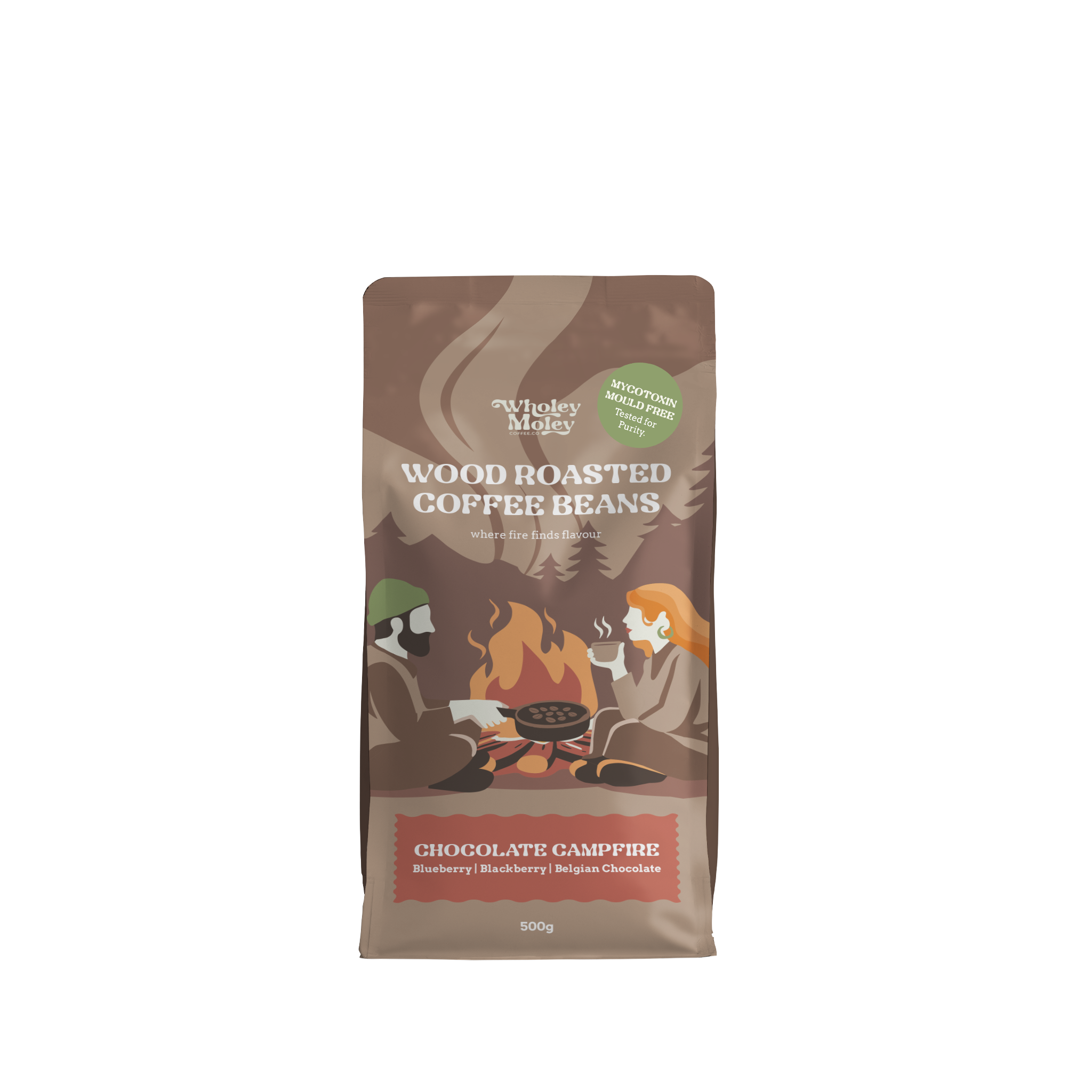 A 500g bag of Wholey Moley Chocolate Campfire wood roasted coffee beans, featuring a brown packaging design with an illustration of two people camping around a fire.