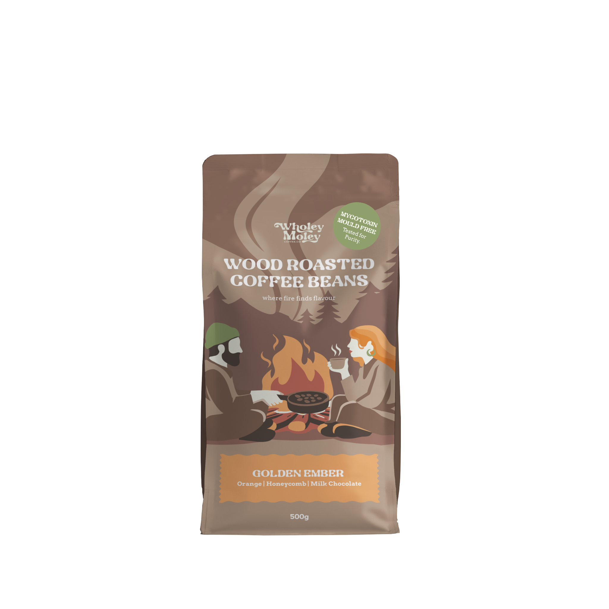 A 500g bag of Wholey Moley Wood Roasted Coffee Beans, Golden Ember flavor, shown against a plain white background.